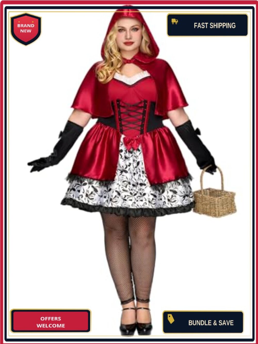 Women's Little Red Riding Hood Costume Set Dress Cape Gloves Stockings Halloween